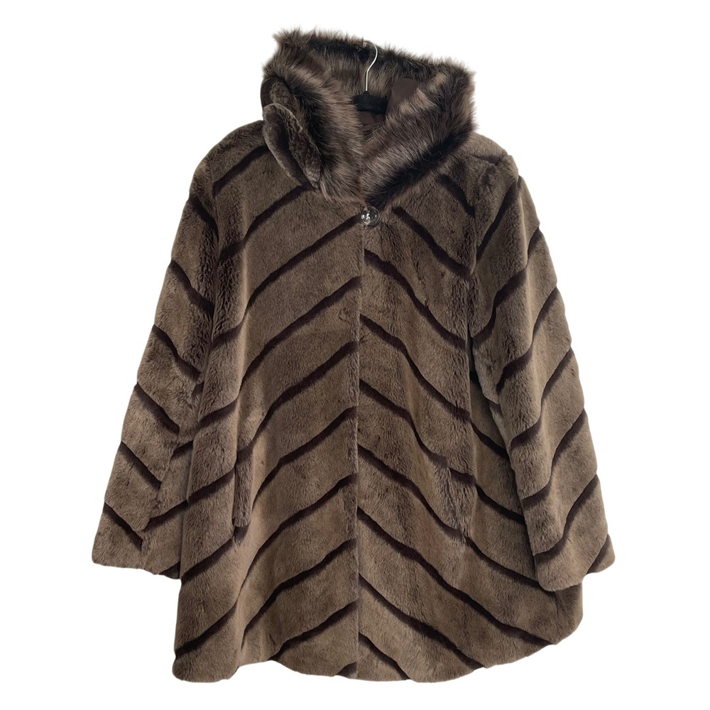 Hannah by Marlo Faux Fur Hooded Coat Brown Chevron Stripe XL